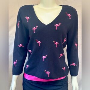 Mercer & Madison Black V-Neck Sweater with Pink Flamingos